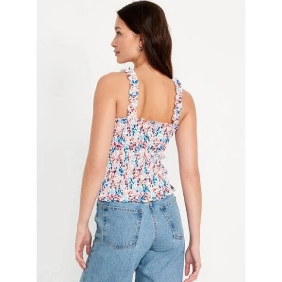NWT Old Navy Smocked Floral Tank Top Womens L Tall Ruffle Straps Ruched Bloom - Picture 3 of 3